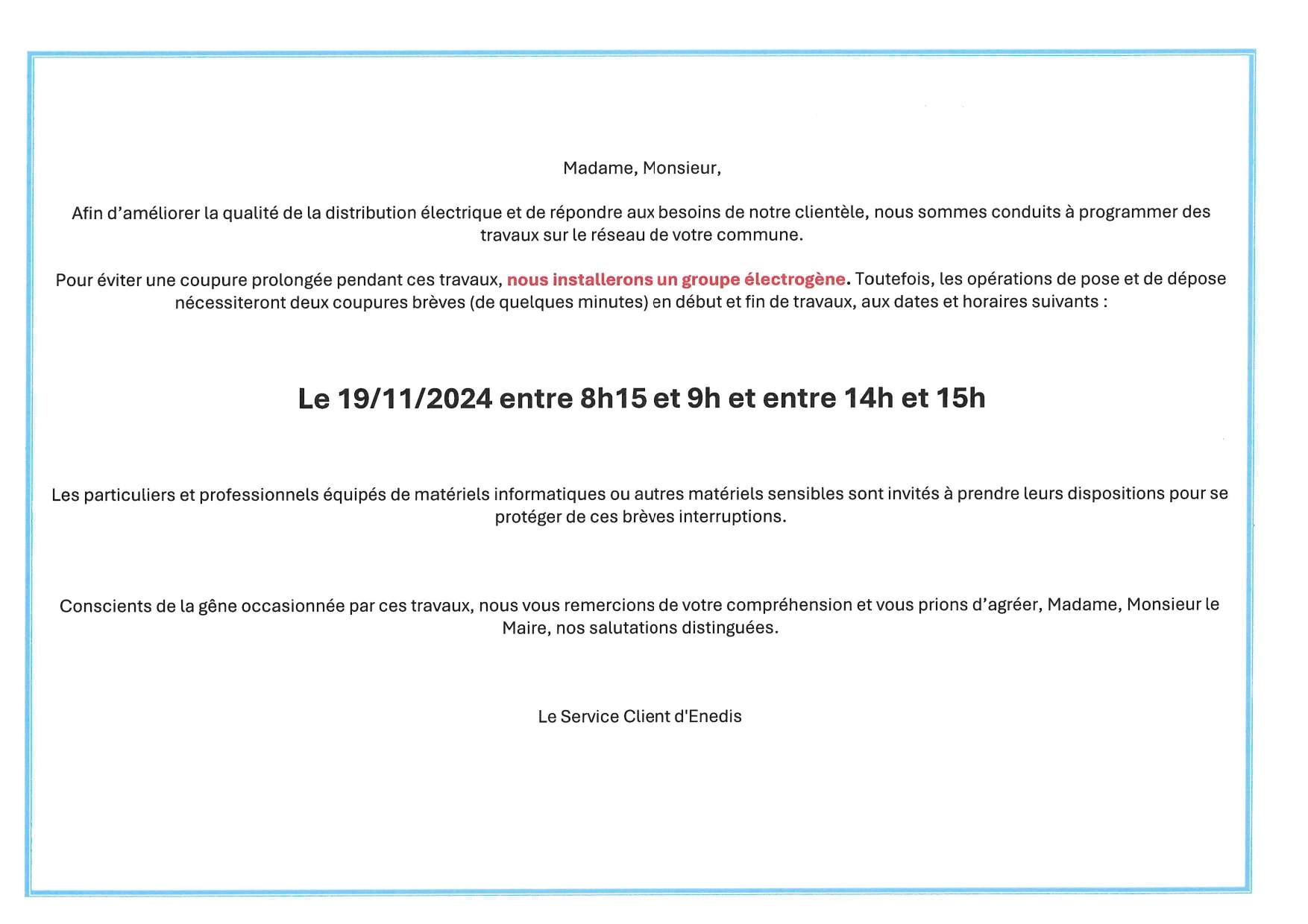 Informations relatives à la coupure de courant le 19/11/2024