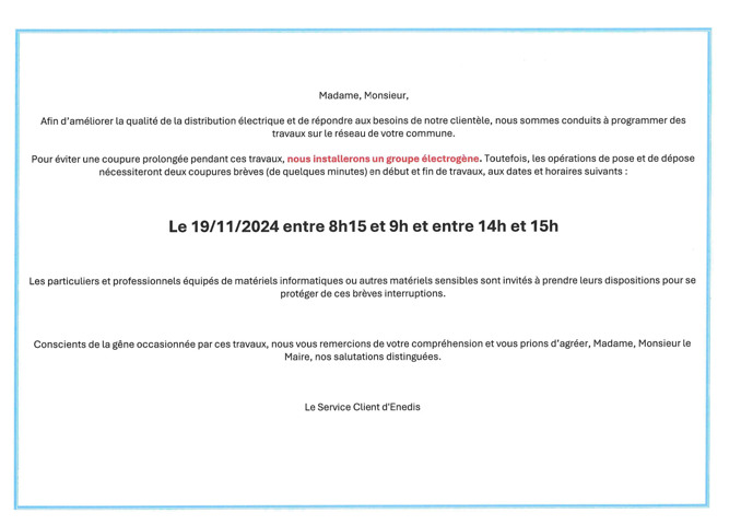 Informations relatives à la coupure de courant le 19/11/2024