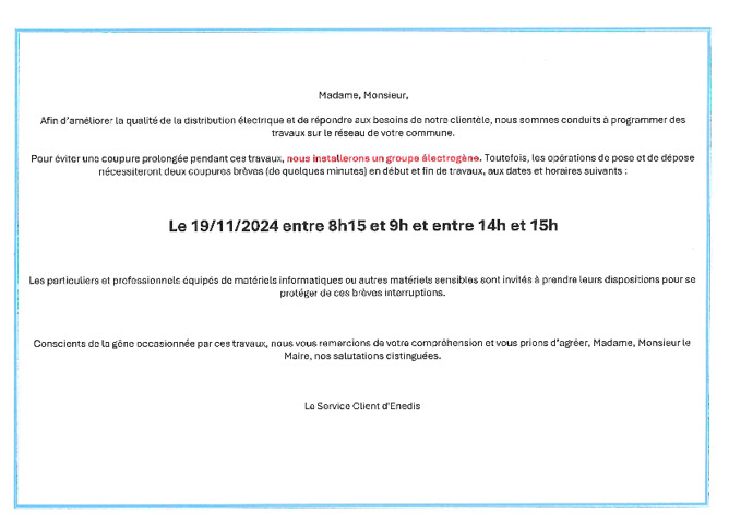 INFORMATION SUR COUPURE DE COURANT LE 19/11/2024