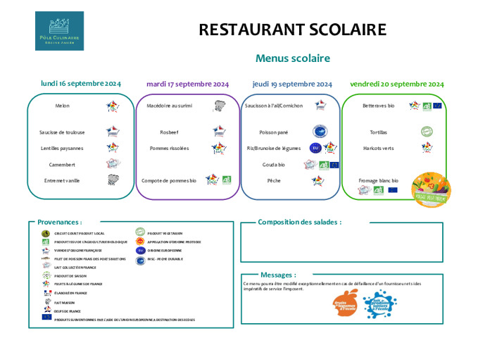 MENU RESTAURANT SCOLAIRE DU 16 au 20 SEPTEMBRE 2024