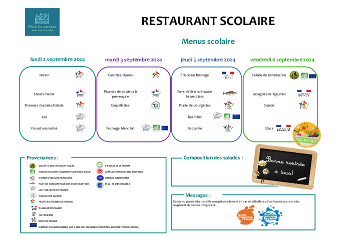 MENU RESTAURANT SCOLAIRE Du 2 au 6 SEPTEMBRE 2024