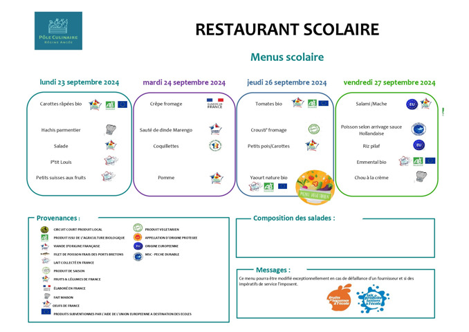 Menu restaurant scolaire du 23 au 27 septembre 2024